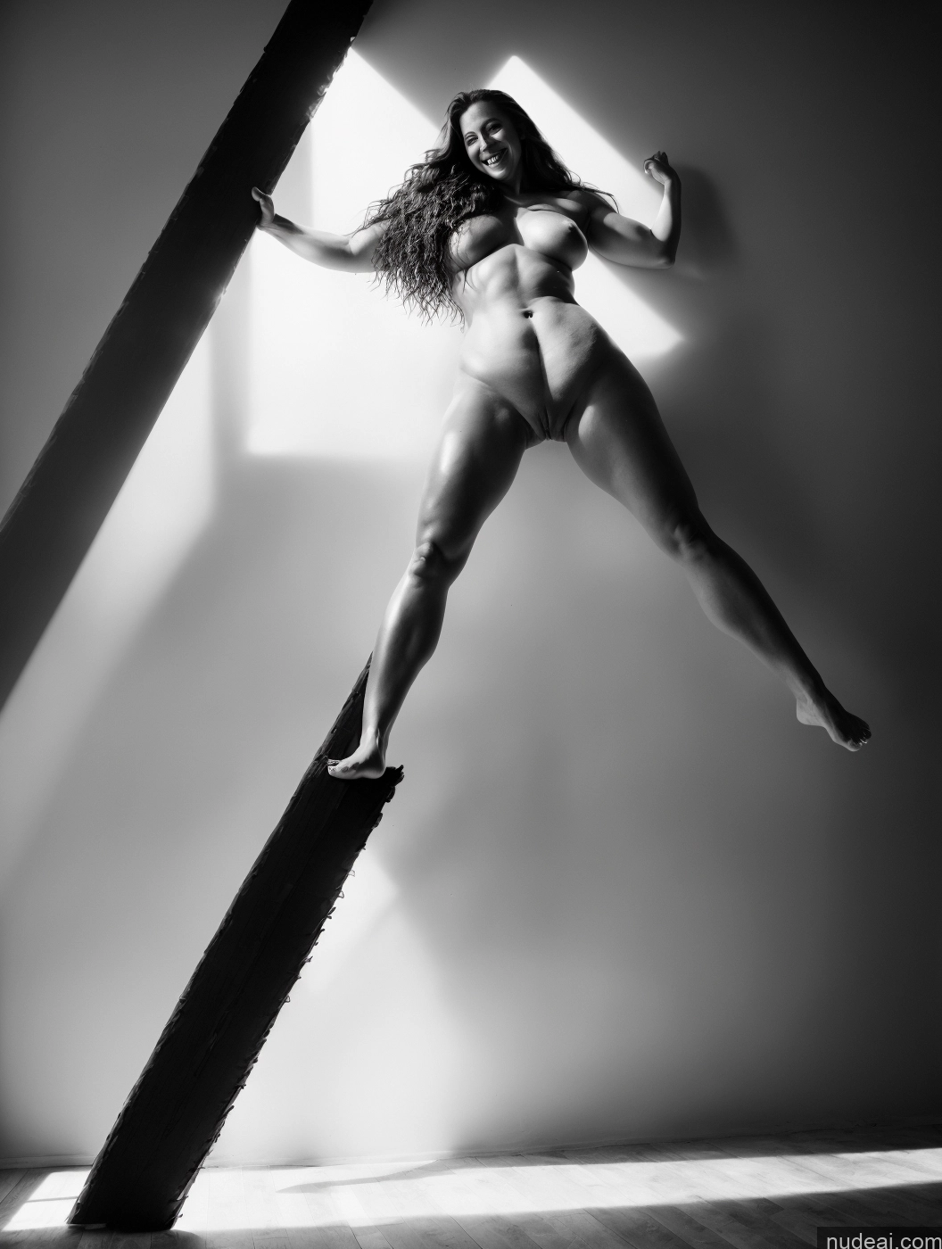 ai nude image of arafed woman standing on a pole in a room with a window pics of Woman Big Ass Big Hips Long Legs Tall Brunette Russian Bright Lighting Black And White Pubic Hair Long Hair Happy Serious Sexy Face Muscular 60s Fat