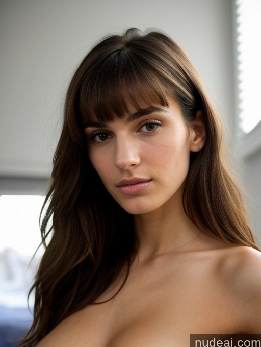 ai nude image of arafed woman with long brown hair posing in a bedroom pics of Model Skinny Small Tits Beautiful 18 Serious Brunette Bangs Jewish Bedroom Nude Bright Lighting Close-up View