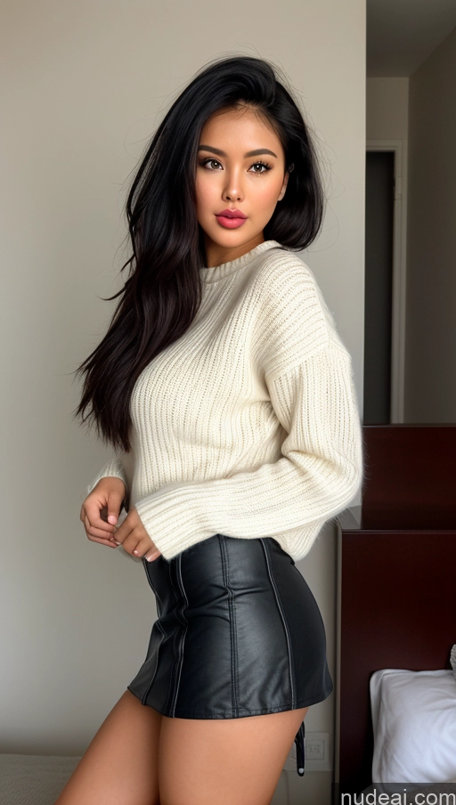 ai nude image of arafed woman in a white sweater and black leather skirt pics of Woman One Perfect Boobs Beautiful Big Ass Perfect Body Fairer Skin 20s Pouting Lips Black Hair Messy Indonesian Front View Boots Mini Skirt Sweater Detailed