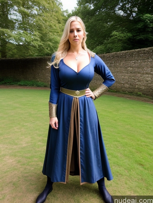 ai nude image of a woman in a blue dress and gold belt posing for a picture pics of Woman Perfect Boobs 30s Blonde Crisp Anime Medieval Detailed Serious British Front View T-pose