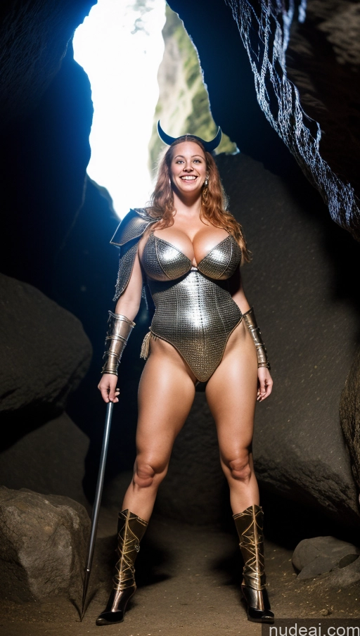 ai nude image of arafed woman in a silver bodysuit with a sword in a cave pics of Miss Universe Model Busty Huge Boobs Big Ass Perfect Body Laughing Ginger Film Photo Cave Detailed Several German Abs Fat Big Hips Long Legs Fairer Skin Oiled Body 30s Fantasy Armor