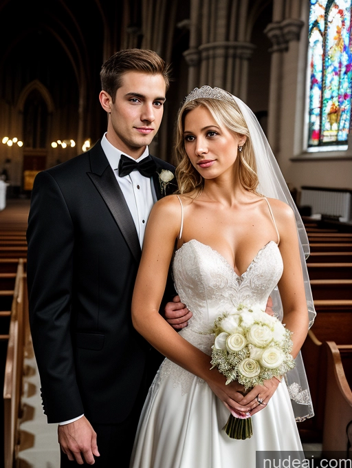 ai nude image of bride and groom posing for a photo in church with stained glass windows pics of Small Tits Beautiful Skinny Long Hair 20s Serious Blonde White Soft + Warm Church Front View Wedding Cleavage Dark Lighting Detailed Woman + Man Two