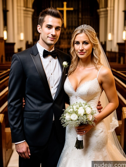 ai nude image of arafed bride and groom standing in church together in wedding dress pics of Small Tits Beautiful Skinny Long Hair 20s Serious Blonde White Soft + Warm Church Front View Wedding Cleavage Dark Lighting Detailed Woman + Man Two