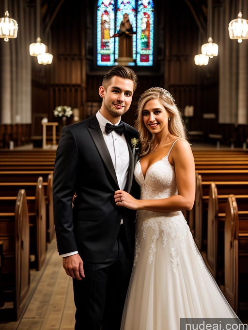 ai nude image of arafed bride and groom standing in church with stained glass windows pics of Small Tits Beautiful Skinny Long Hair 20s Serious Blonde White Soft + Warm Church Front View Wedding Cleavage Dark Lighting Detailed Woman + Man Two