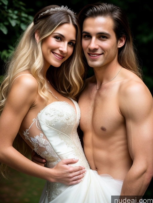 ai nude image of arafed bride and groom posing for a picture in a wooded area pics of Small Tits Beautiful Skinny Long Hair Serious Blonde White Soft + Warm Front View Wedding Cleavage Dark Lighting Detailed Woman + Man Two Happy 40s