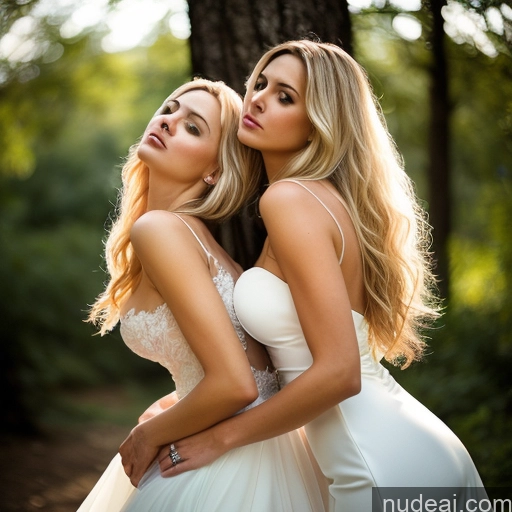 ai nude image of two women in white dresses standing next to each other in a forest pics of Woman Small Tits Beautiful Skinny Long Hair 20s Serious Blonde White Soft + Warm Front View Wedding Cleavage Dark Lighting Detailed Two