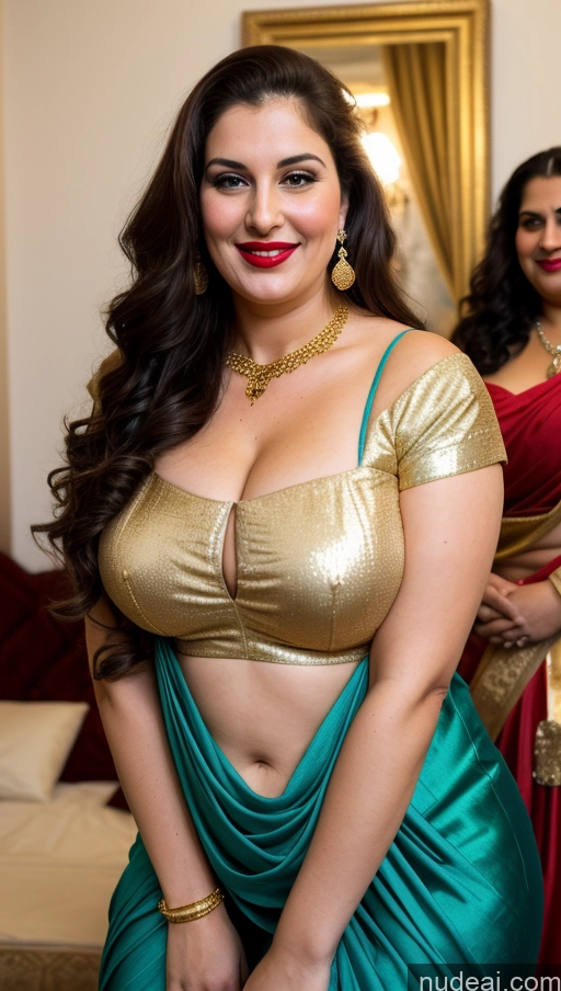 ai nude image of there is a woman in a gold and green dress posing for a picture pics of Milf Busty Beautiful Lipstick Thick Chubby Big Hips Fat Fairer Skin 20s Happy Seductive Brunette Long Hair Russian Party Front View Straddling Sari Blouse Dirndl Victorian Cleavage Gold Jewelry