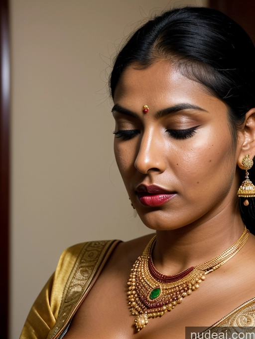 ai nude image of there is a woman wearing a gold and green necklace and earrings pics of Indian Dark Skin One Oiled Body Black Hair Jewelry Bright Lighting Lipstick Gold Jewelry Traditional Diamond Jewelry Detailed Woman 20s Sari Huge Boobs Big Ass Angry Hair Bun Bedroom Sleeping Chubby Front View