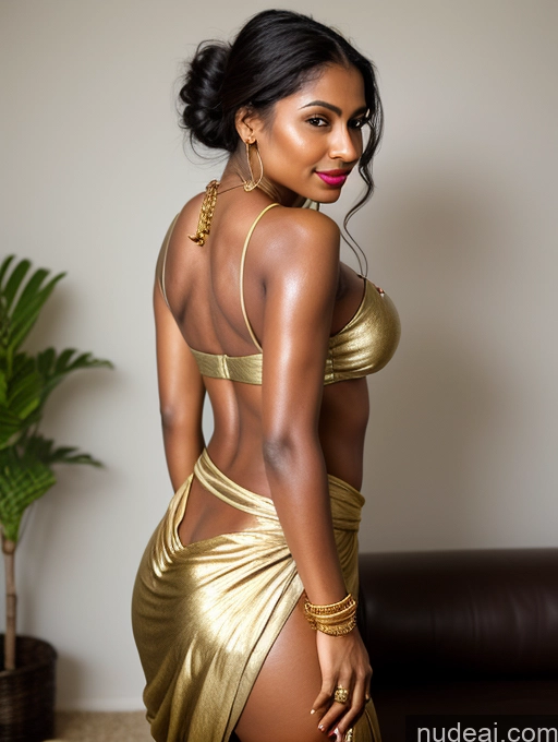 ai nude image of there is a woman in a gold dress posing for a picture pics of Woman One Oiled Body Dark Skin Bright Lighting Indian Lipstick Hair Bun Bending Over Sari Gold Jewelry Jewelry Small Tits Small Ass