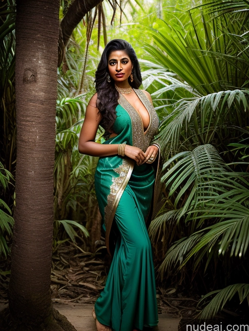 ai nude image of araffe woman in a green sari posing for a picture pics of Woman One Huge Boobs Big Ass Dark Skin Oiled Body Seductive Indian Jungle Salwar Traditional Diamond Jewelry 30s Detailed Dark Lighting