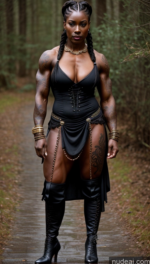 ai nude image of arafed woman in a black dress and boots posing for a picture pics of Dark Skin Muscular Abs Skinny Tattoos Perfect Boobs Braided Thick Perfect Body Black Bodybuilder 80s Viking Victorian Goth