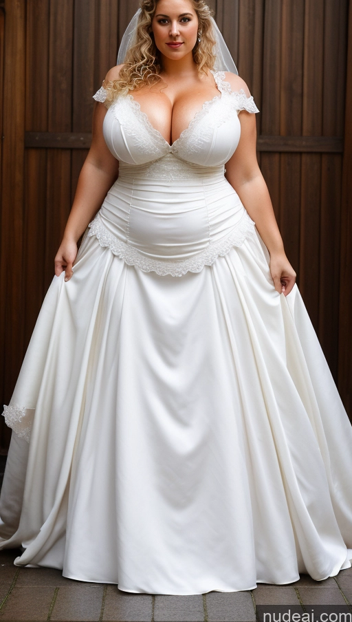 ai nude image of arafed woman in a wedding dress standing in front of a wooden door pics of Huge Boobs Big Ass Perfect Body Perfect Boobs Fairer Skin Curly Hair Thick Big Hips Pubic Hair Dress Oiled Body Wedding Victorian Blonde Chubby Onsen One