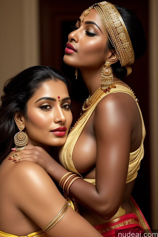 ai nude image of two women in traditional indian clothing posing for a picture pics of Woman Two Busty Lipstick Perfect Body Dark Skin Oiled Body Sexy Face Indian Traditional Sari Gold Jewelry Bright Lighting Detailed