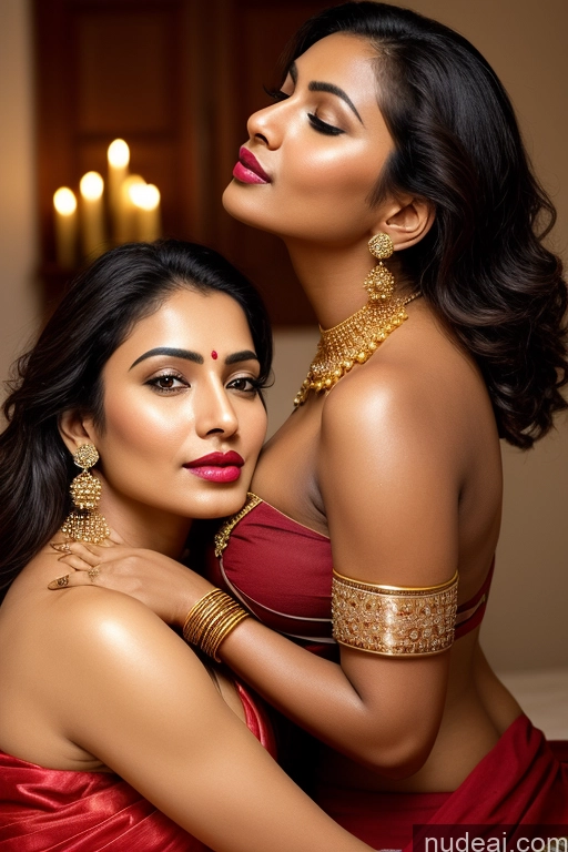 ai nude image of two women in red dresses posing for a picture in a room pics of Woman Two Busty Lipstick Perfect Body Dark Skin Oiled Body Sexy Face Indian Traditional Sari Gold Jewelry Bright Lighting Detailed Bedroom Blouse Big Ass