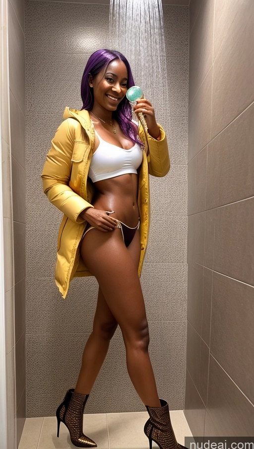 ai nude image of there is a woman in a yellow jacket taking a selfie in a shower pics of Two Tanned Skin Dark Skin Happy Seductive Sexy Face Nigerian Boots High Heels Gold Jewelry Wine Purple Hair Skinny Small Ass Long Legs Parka Shower