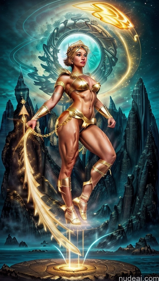 related ai porn images free for Several Busty Muscular Abs Surrealist Powering Up Dynamic View Menstoga, White Robes, In White And Gold Costumem, Gold Headpiece, Gold Belt, Gold Chain Captain Marvel Woman