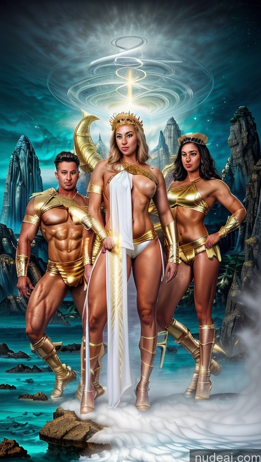 related ai porn images free for Several Busty Muscular Abs Surrealist Powering Up Dynamic View Menstoga, White Robes, In White And Gold Costumem, Gold Headpiece, Gold Belt, Gold Chain Captain Marvel Woman