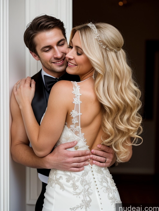 ai nude image of bride and groom embracing in doorway of home with white door pics of Woman + Man Two Small Tits Beautiful Skinny Long Hair 40s Happy Serious Blonde White Soft + Warm Wedding Cleavage Dark Lighting Detailed Back View