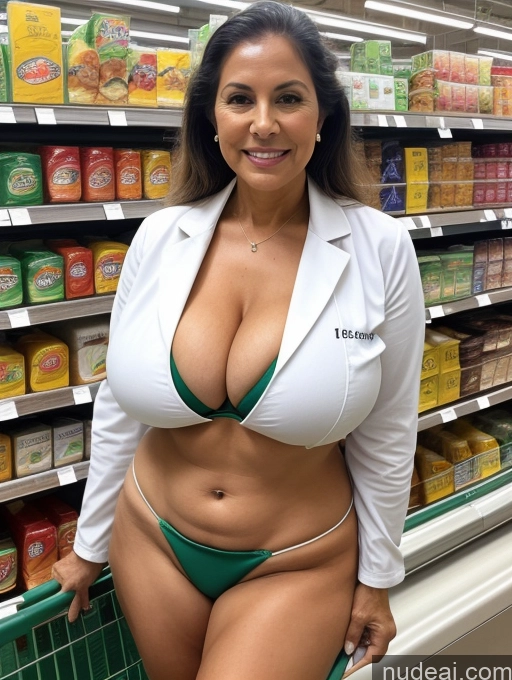 ai nude image of arafed woman in a white lab coat posing in a grocery store pics of Milf Busty Huge Boobs Tanned Skin 70s Brazilian Front View Lab Coat Microkini Professor Thong Grocery