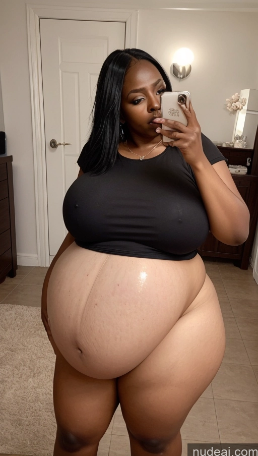 ai nude image of pregnant woman taking a selfie in a bathroom with a cell phone pics of Long Hair Pregnant Nude Belly Inflation, Cuminflation, Overeating Huge Boobs Chubby Thick Big Ass Short Fat Big Hips 80s Sexy Face Black Hair Mirror Selfie Dark Skin African