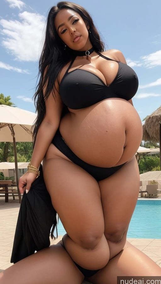 ai nude image of a pregnant woman in a black bikini posing by a pool pics of Huge Boobs Chubby Thick Big Hips Short Big Ass Fat Pregnant 18 Sexy Face Black Hair Long Hair African Dark Skin Belly Inflation, Cuminflation, Overeating Bikini Choker