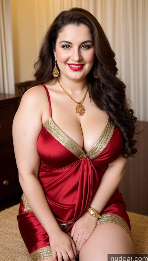 ai nude image of araffe woman in a red dress sitting on a bed pics of Milf Busty Beautiful Lipstick Thick Chubby Big Hips Fat Fairer Skin 20s Happy Seductive Brunette Long Hair Russian Party Front View Straddling Sari Blouse Dirndl Victorian Cleavage Gold Jewelry