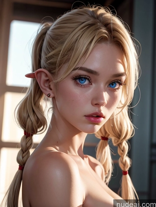 ai nude image of a close up of a woman with a ponytail and blue eyes pics of Two 18 Pouting Lips Blonde Pigtails White Detailed School Hallway Deep Blue Eyes Hell Nude Angel Bright Lighting Create An Open Vagina