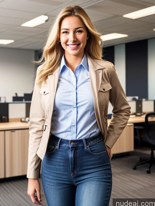 ai nude image of smiling woman in a tan jacket and jeans standing in an office pics of Woman One Small Tits 18 Happy Blonde Long Hair White 3d Office Front View Jeans Jacket Police