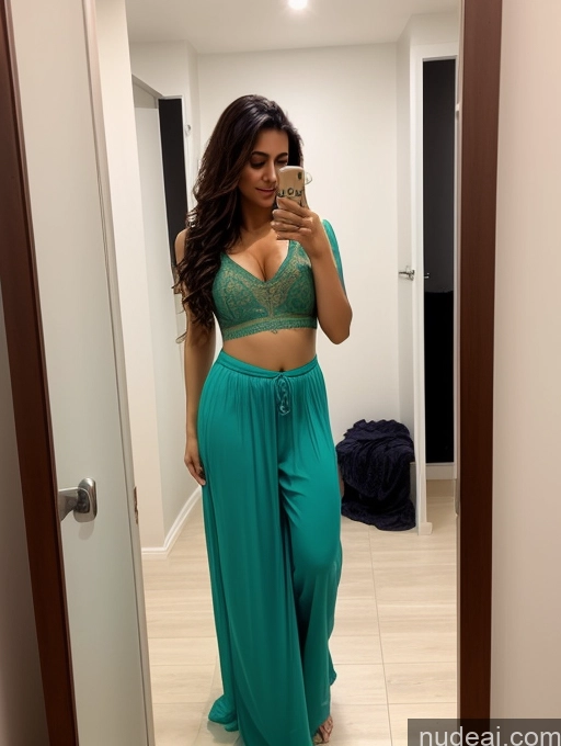 ai nude image of araffed woman in a green dress taking a selfie in a mirror pics of Oiled Body Pubic Hair Indian 30s Bright Lighting Salwar Perfect Boobs Messy Changing Room Short Seductive Big Hips