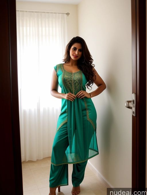 ai nude image of araffe woman in a green outfit standing in a doorway pics of Oiled Body Pubic Hair Indian 30s Bright Lighting Messy Changing Room Short Seductive Big Hips Thick Big Ass Film Photo Blouse Salwar Busty