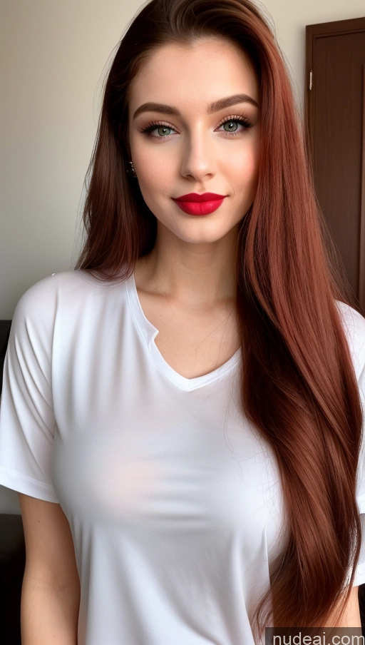 ai nude image of arafed woman with long red hair and a white shirt pics of Shirt Sorority Small Tits Beautiful Lipstick Small Ass Skinny Perfect Body Fairer Skin 20s Happy Pouting Lips Sexy Face Ginger Long Hair