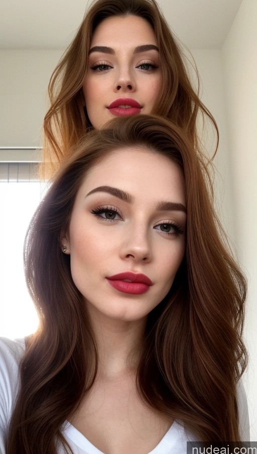 ai nude image of there are two women with long hair and red lipstick posing for a picture pics of Shirt Sorority Small Tits Beautiful Lipstick Small Ass Skinny Perfect Body Fairer Skin 20s Happy Pouting Lips Sexy Face Ginger Long Hair Front View Skin Detail (beta)