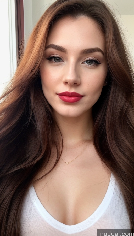 ai nude image of a close up of a woman with long brown hair and a white top pics of Shirt Sorority Small Tits Beautiful Lipstick Small Ass Skinny Perfect Body Fairer Skin 20s Happy Pouting Lips Sexy Face Ginger Long Hair Front View Skin Detail (beta)