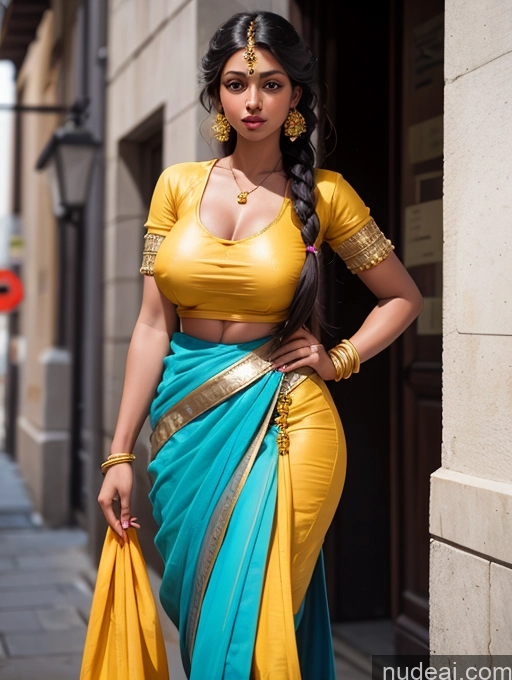 ai nude image of araffe woman in a yellow and blue sari posing for a picture pics of Lingerie Model Skinny Perfect Body Perfect Boobs Dark Skin Tanned Skin Huge Sagging Breasts 18 Ginger Braided Indian Street Sari Salwar