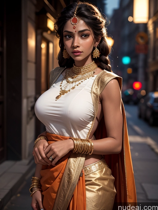 ai nude image of araffe woman in a sari and gold jewelry standing on a street pics of Skinny Perfect Body Perfect Boobs Dark Skin Tanned Skin Huge Sagging Breasts 18 Ginger Braided Indian Street Sari Salwar Model Detailed Dark Lighting Gold Jewelry Traditional Wedding Sad Serious