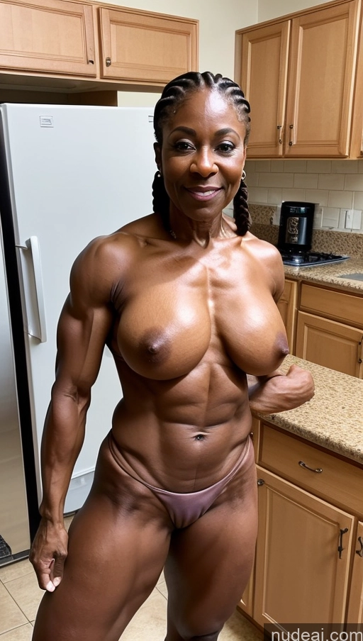 ai nude image of arafed woman posing in a kitchen with a refrigerator and refrigerator pics of 70s Muscular Bodybuilder Small Tits Perfect Boobs Skinny Cooking Nigerian Nude Braided Kitchen