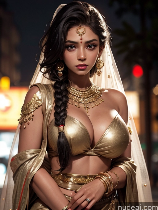 ai nude image of araffe woman in a gold outfit posing for a picture pics of Skinny Perfect Body Perfect Boobs Dark Skin Tanned Skin Huge Sagging Breasts 18 Ginger Braided Indian Street Sari Salwar Model Detailed Dark Lighting Gold Jewelry Traditional Wedding Sad Serious