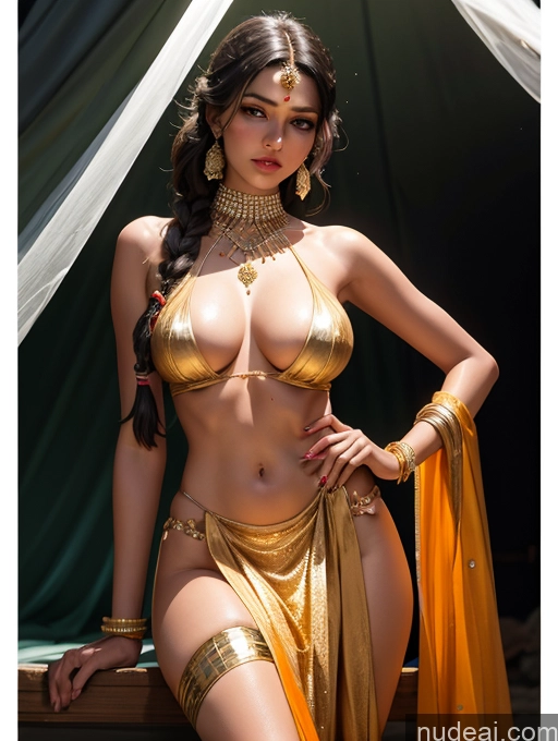 ai nude image of araffe woman in a gold bikini and gold jewelry posing for a picture pics of Skinny Perfect Body Perfect Boobs Dark Skin Huge Sagging Breasts 18 Ginger Braided Indian Sari Salwar Model Detailed Dark Lighting Gold Jewelry Traditional Wedding Sad Serious Transparent Oiled Body Lipstick Tent Spreading Legs