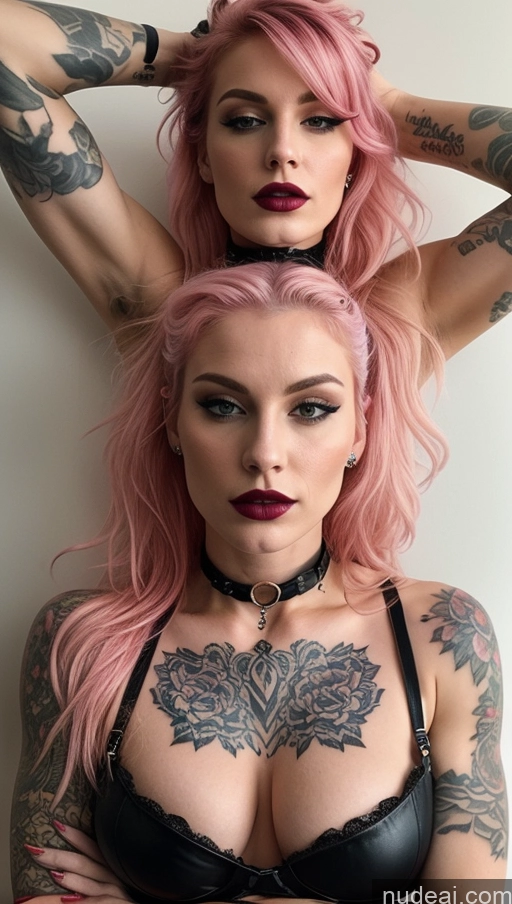 ai nude image of two women with pink hair and tattoos posing for a picture pics of Model Perfect Boobs Beautiful Lipstick Tattoos Muscular Fairer Skin 18 Seductive Perfect Body Busty Abs Pink Hair Messy Choker Dominatrix Goth British