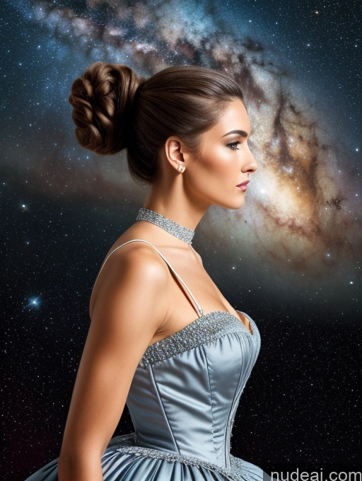 ai nude image of arafed woman in a blue dress looking at the stars pics of Miss Universe Model 20s Stargazing Side View Dress Victorian Ponytail T-pose