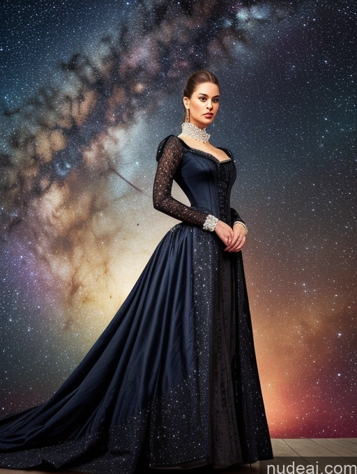 ai nude image of a woman in a long black dress standing in front of a galaxy pics of Miss Universe Model 20s Stargazing Dress Victorian Ponytail T-pose Front View