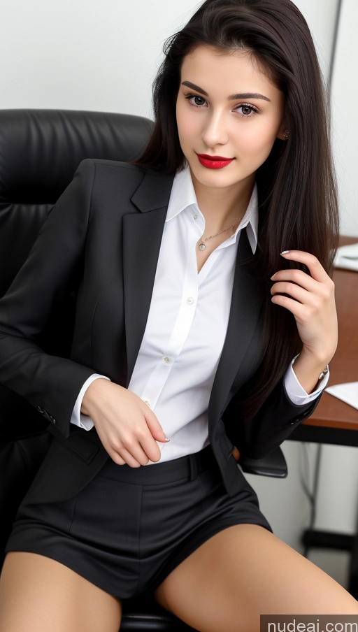 ai nude image of there is a woman in a black suit sitting in a chair pics of Small Tits Beautiful Skinny 18 Lipstick Black Hair Russian Close-up View Straight Suit Office Shirt Secretary