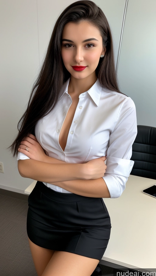 ai nude image of arafed woman in a white shirt and black skirt posing for a picture pics of Small Tits Beautiful Skinny 18 Lipstick Black Hair Russian Close-up View Straight Suit Office Shirt Secretary