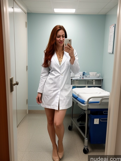 ai nude image of arafed woman in a white lab coat taking a selfie pics of Woman One Beautiful Fairer Skin 40s Orgasm Ginger Long Hair Latina Hospital Front View Spreading Legs Nude Doctor Lab Coat