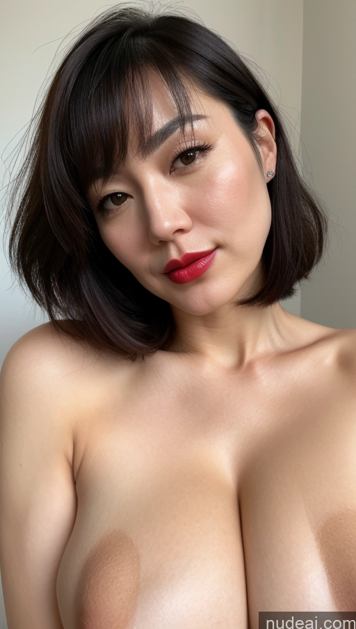 ai nude image of arafed asian woman with big breast posing for a picture pics of One Huge Boobs Beautiful Close-up View Black Hair Japanese Lipstick Fairer Skin Woman Bobcut 40s