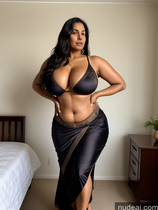 ai nude image of araffe woman in a black dress posing in a bedroom pics of Milf One Huge Boobs Big Ass Big Hips Thick 40s Seductive Sexy Face Bedroom Front View T-pose Indian Sari Black Hair Long Hair Oiled Body Dark Skin