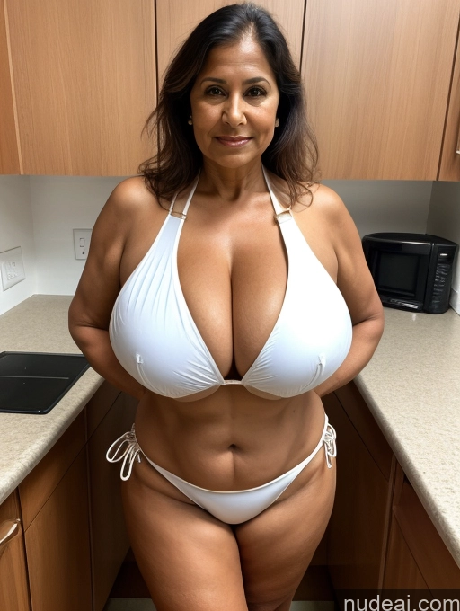 ai nude image of arafed woman in a white bikini posing in a kitchen pics of Milf One Busty Huge Boobs Tanned Skin Front View Thong Microkini 70s Indian Lab Coat Professor