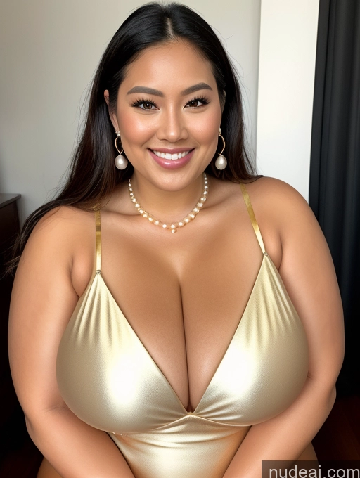 ai nude image of araffe woman in a gold dress posing for a picture pics of Model Busty Huge Boobs Beautiful Happy 30s Filipina Close-up View One Piece Swimsuit Cleavage Gold Jewelry Jewelry Pearl Jewelry Diamond Jewelry Abs Thick Chubby Fat