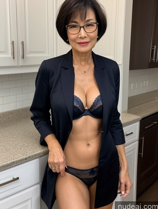 ai nude image of there is a woman in a black suit and glasses posing for a picture pics of Milf Two Perfect Boobs Beautiful Glasses Perfect Body 70s Sexy Face Short Hair Chinese Bra Casual Doctor Lab Coat Cleavage Dark Lighting Detailed