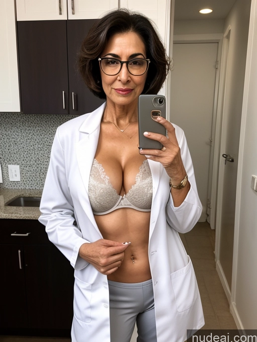 ai nude image of arafed woman in a lab coat taking a selfie in a kitchen pics of Milf Two Perfect Boobs Beautiful Glasses Perfect Body 70s Sexy Face Short Hair Bra Casual Doctor Lab Coat Cleavage Dark Lighting Detailed Arabic Topless